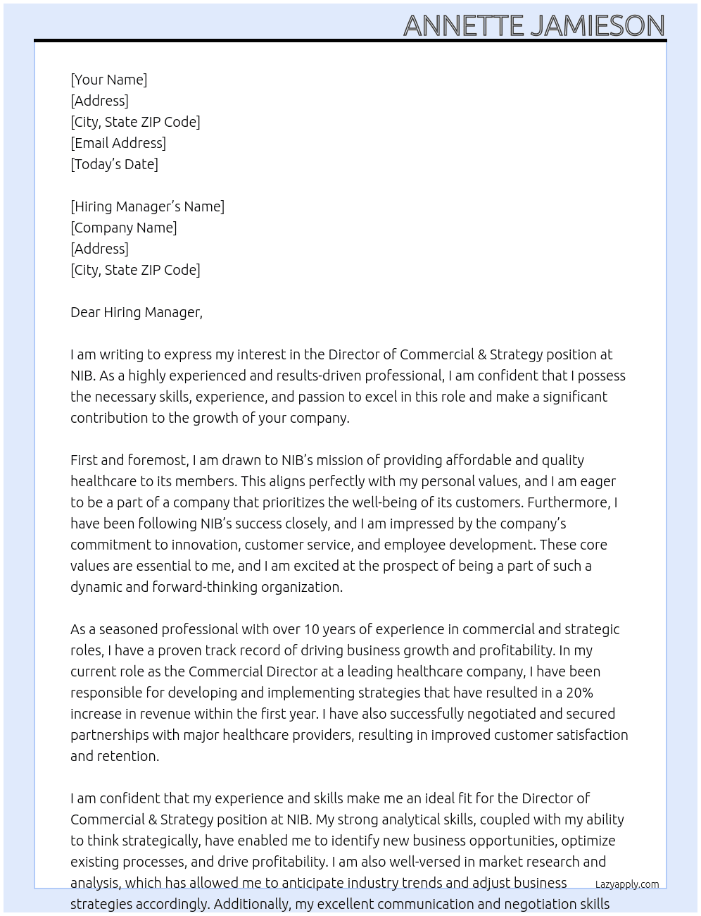Director - Commercial & Strategy At NIB Cover Letter