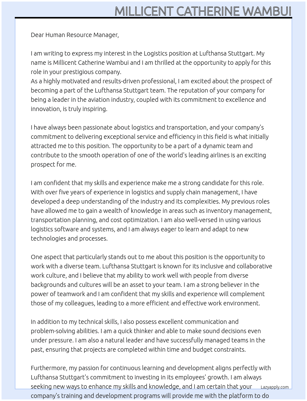 Logistics  At Lufthansa Stuttgart  Cover Letter