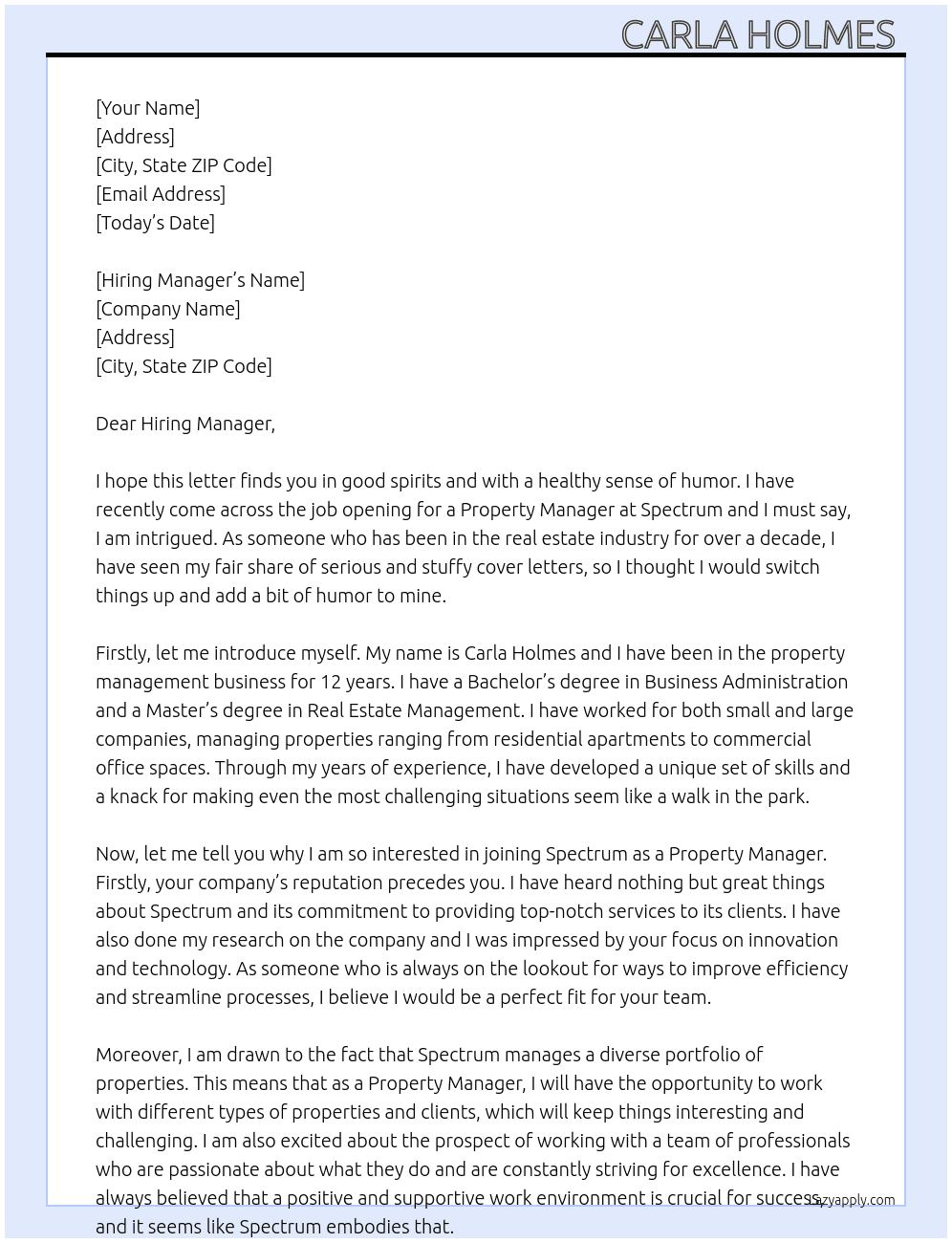 Property Manager  At Spectrum  Cover Letter