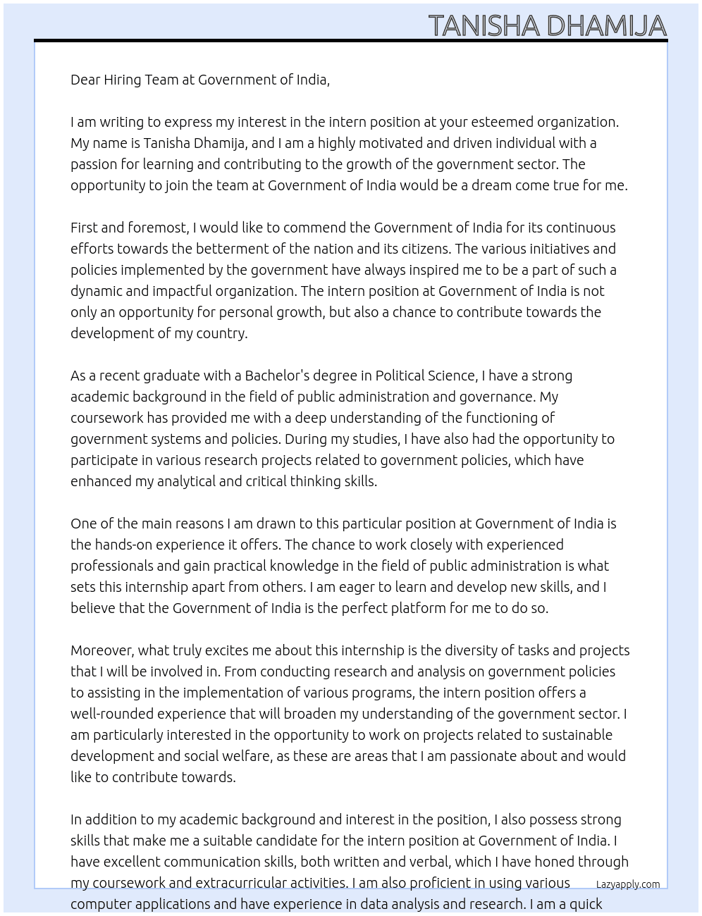 intern At goverment of india Cover Letter