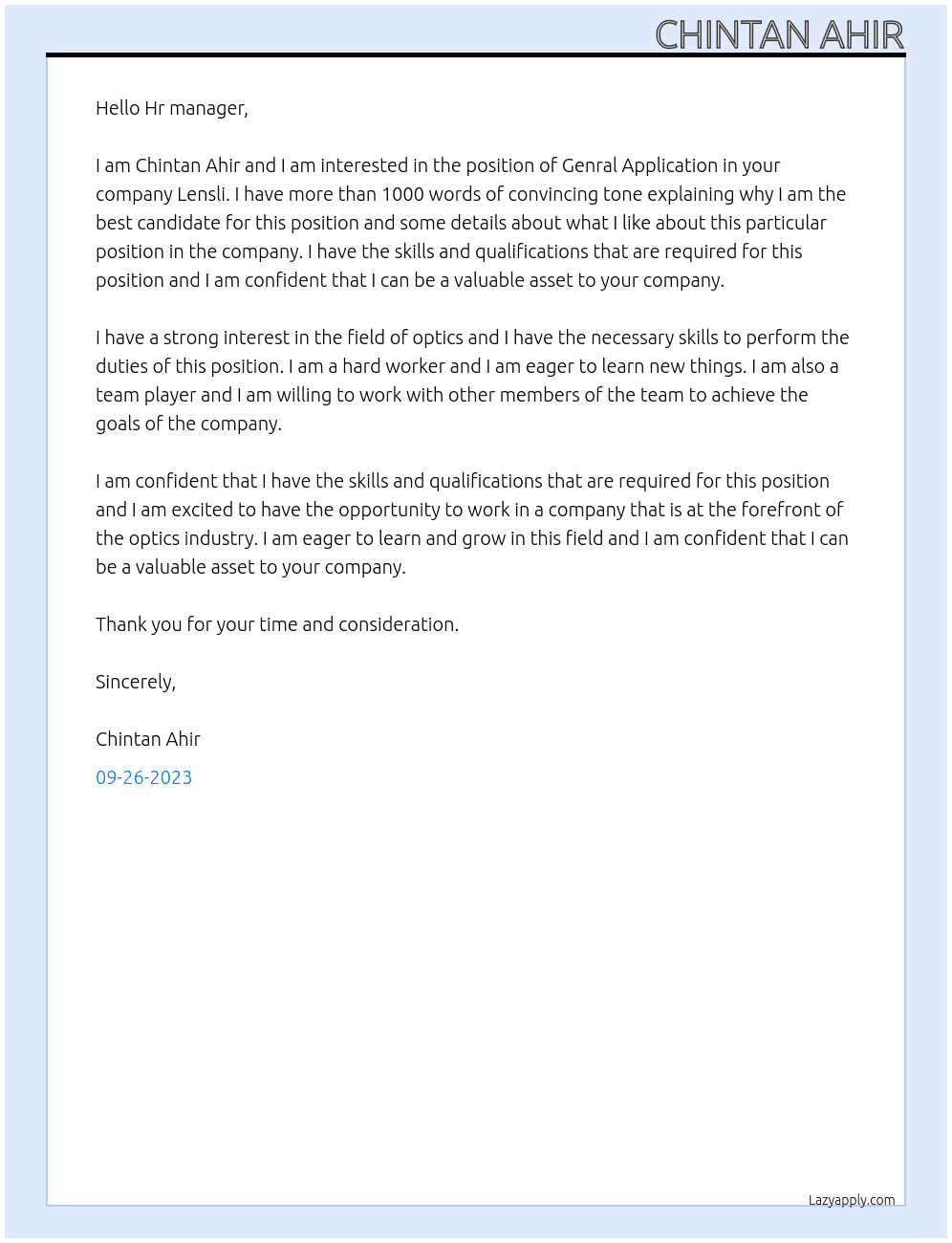 Genral Application  At Lensli Cover Letter