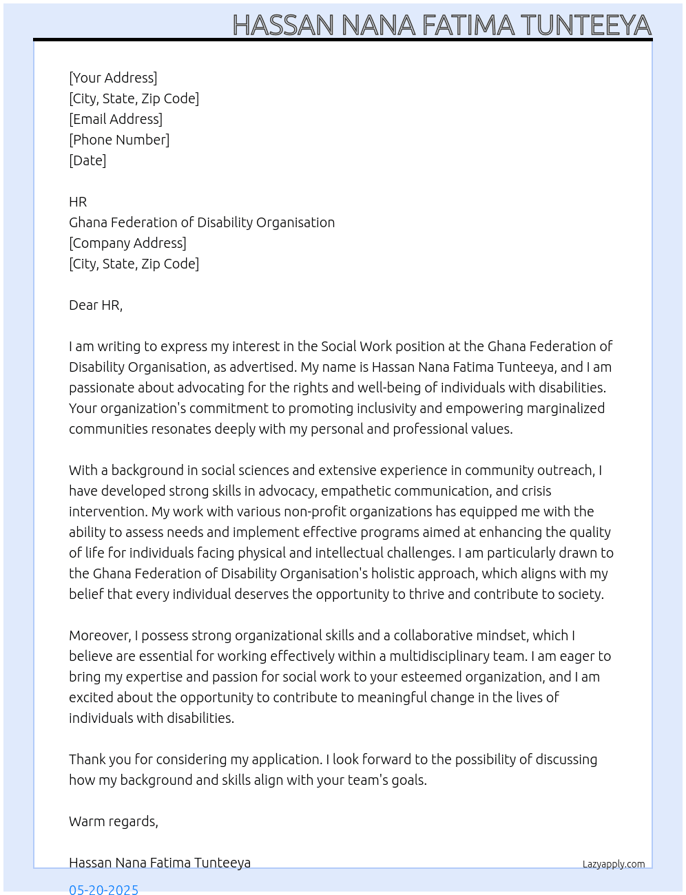 social work At GHANA FEDERATION OF DISABILITY ORGANISATION  Cover Letter