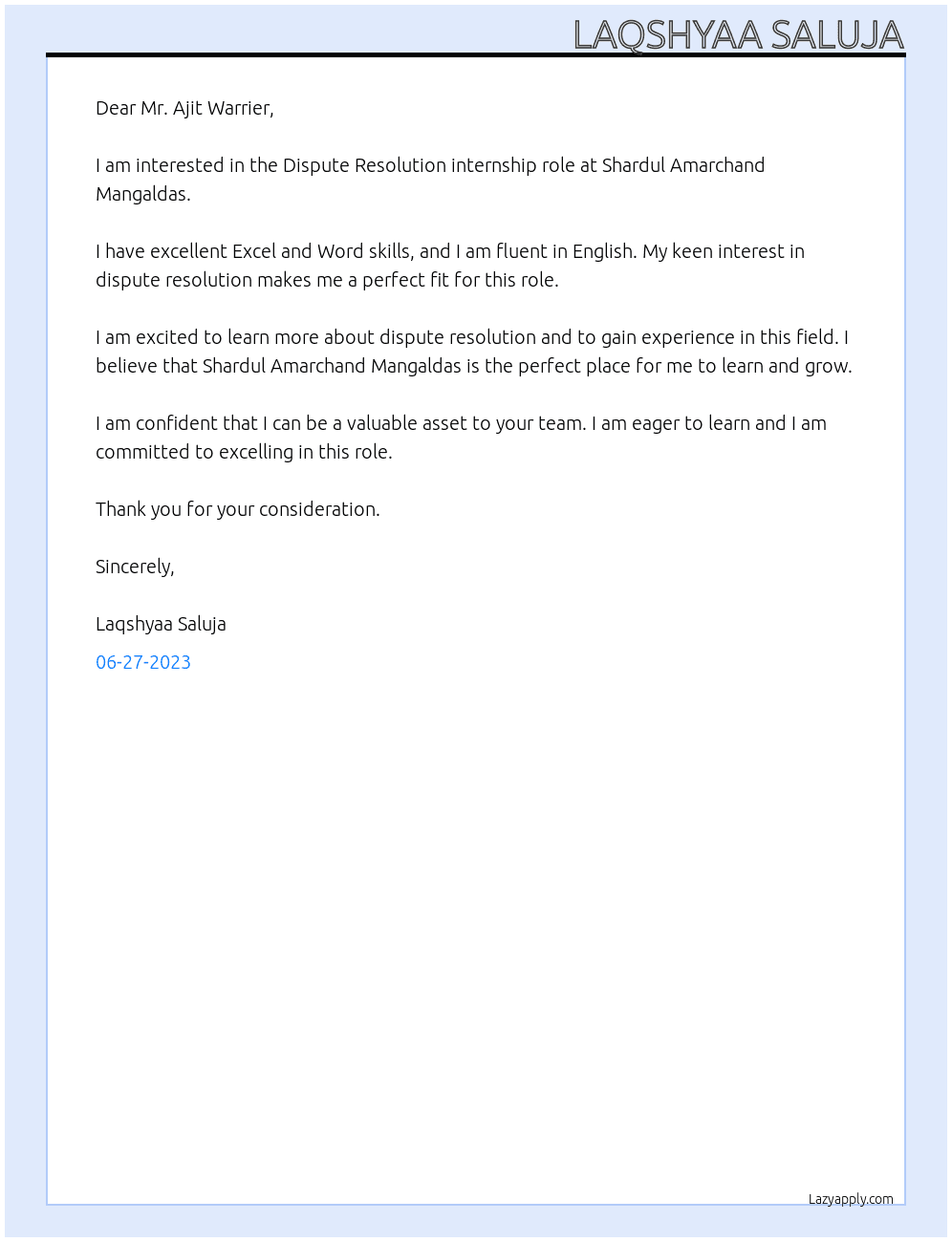 Dispute Resolution At Shardul Amarchand Mangaldas Cover Letter