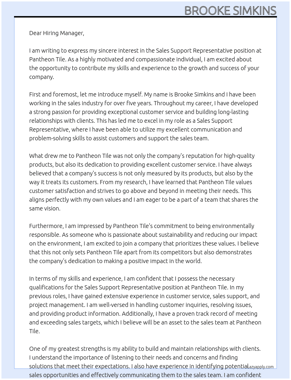 Sales Support Representative At Pantheon Tile Cover Letter