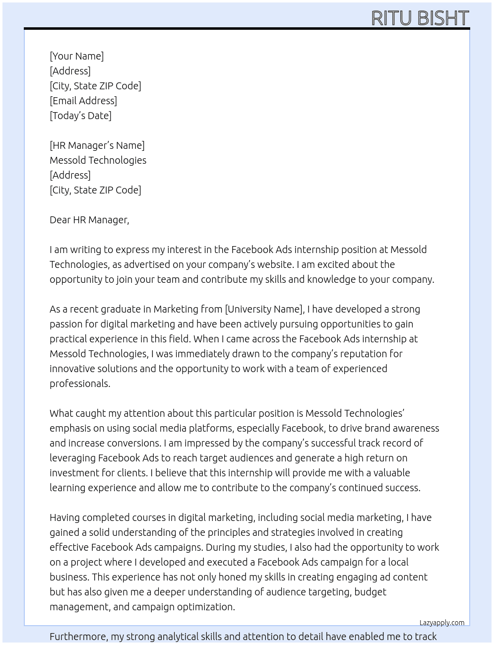 Facebook Ads internship At Messold Technologies Cover Letter