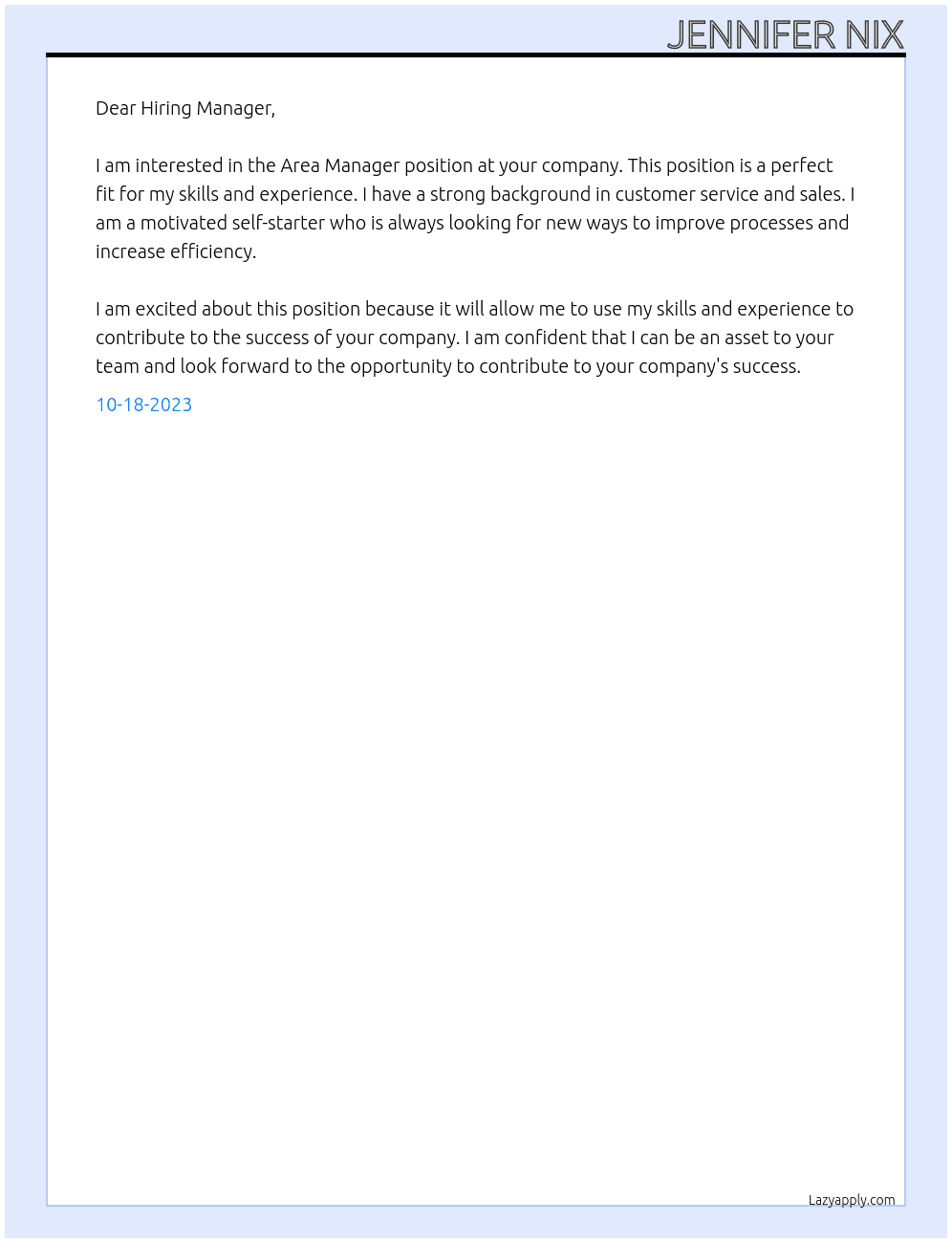 Area Manager At your Company Cover Letter