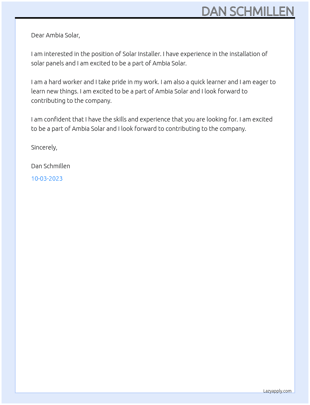 Solar Installer At Ambia Solar Cover Letter