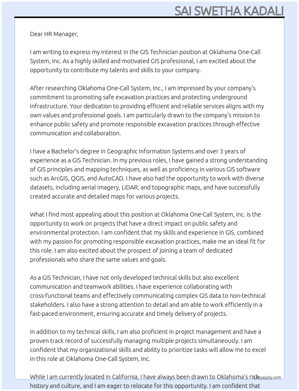 Cover letter for gis technician - LazyApply