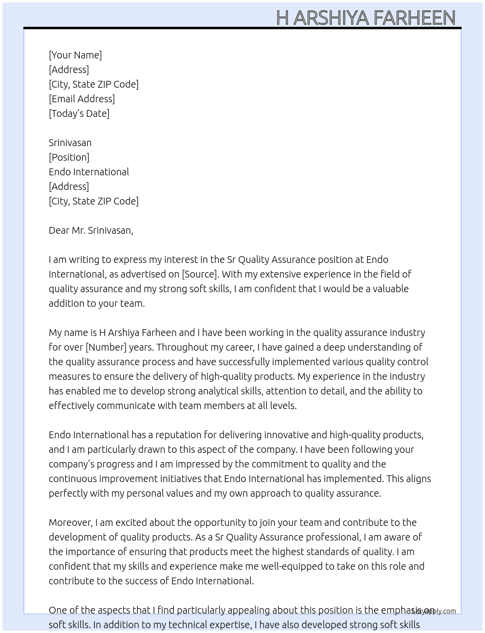 Sr quality assurance  At Endo international  Cover Letter