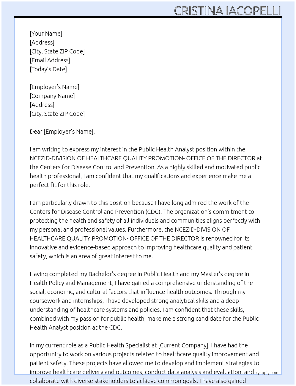 Public Health Analyst At Centers for Disease Control and Prevention Cover Letter