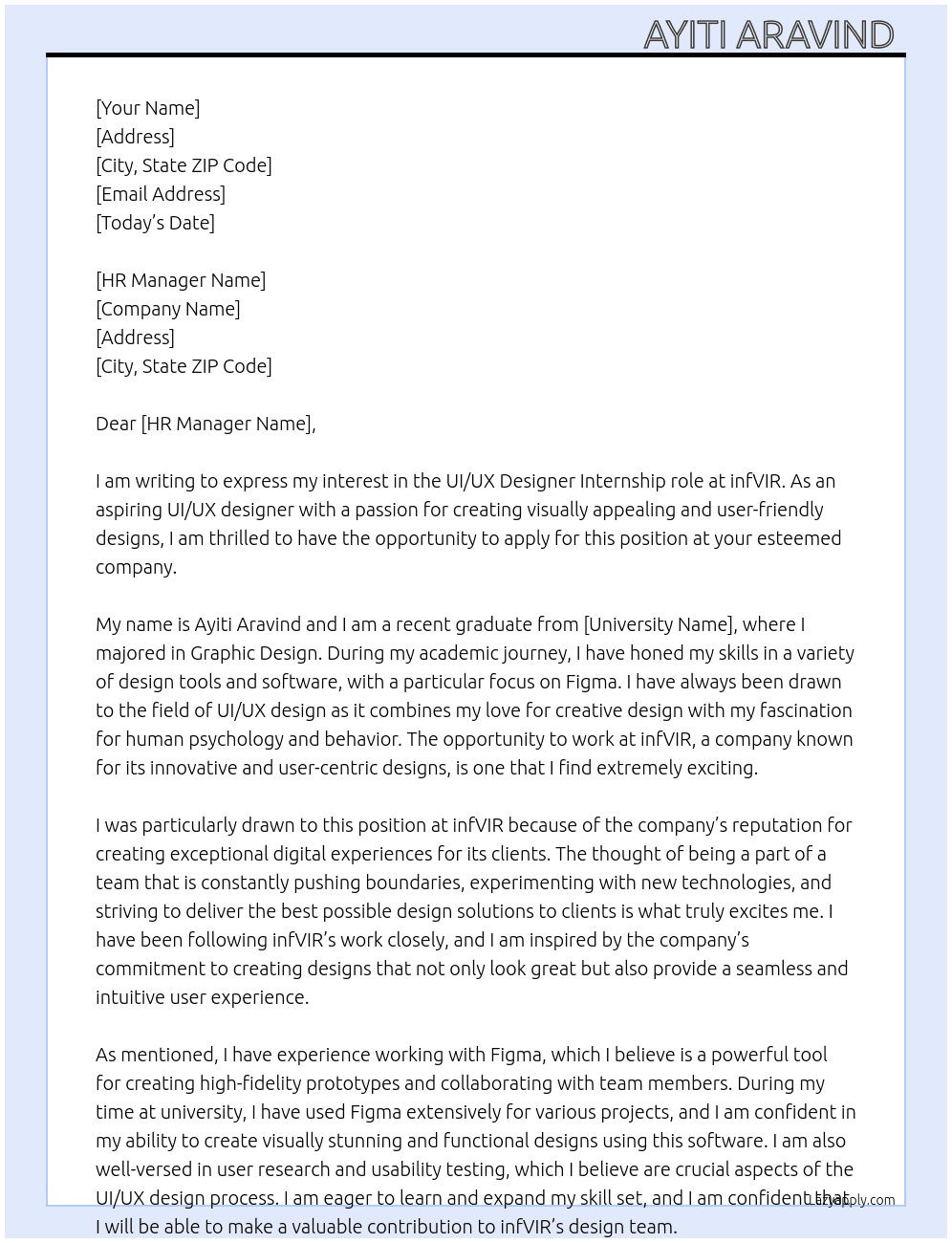 UI UX designer  At infVIR  Cover Letter