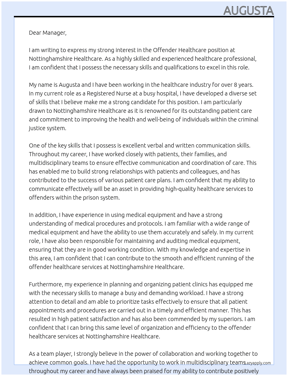 Cover letter for offender healthcare - LazyApply