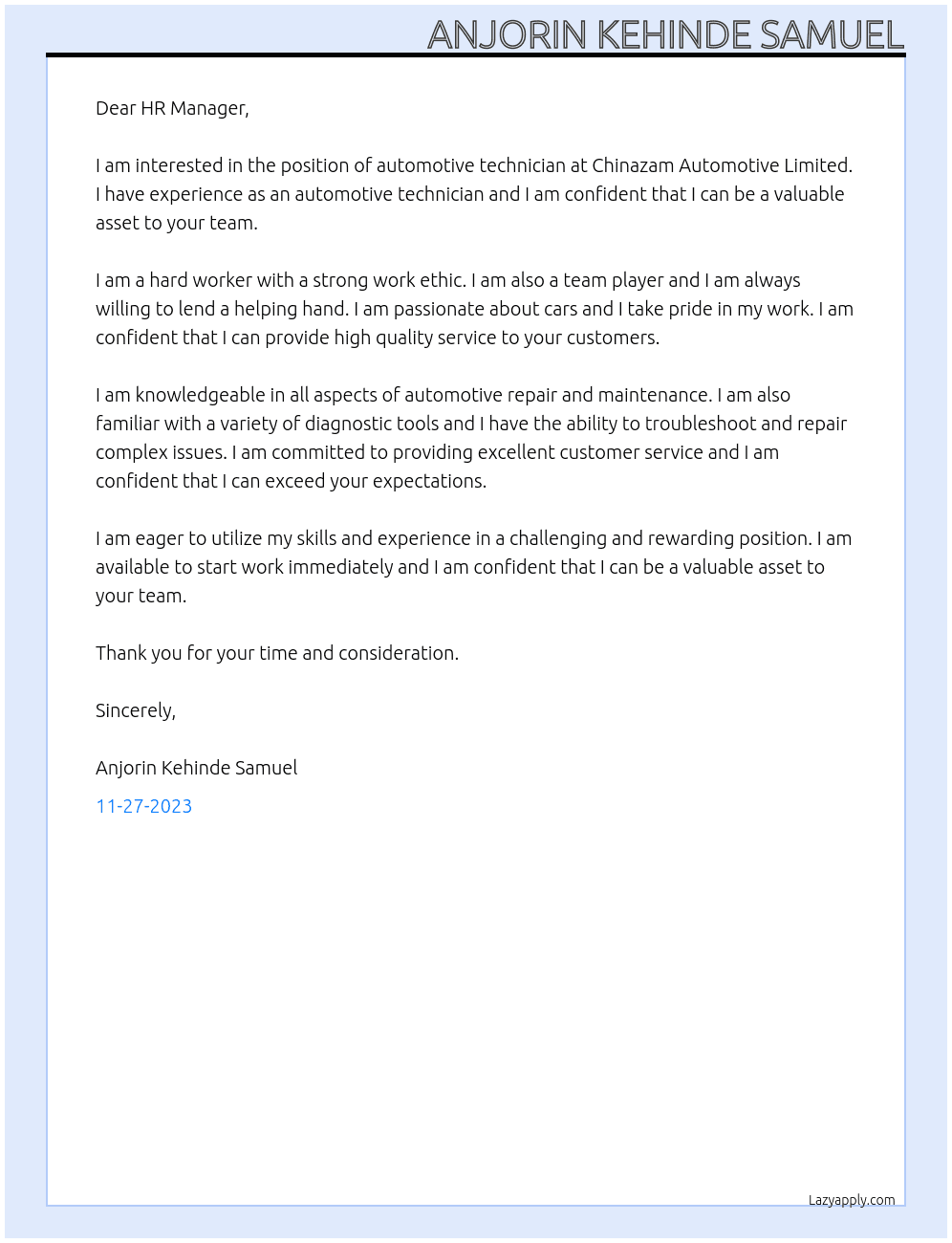 automotive technician At Chinazam Automotive Limited Cover Letter