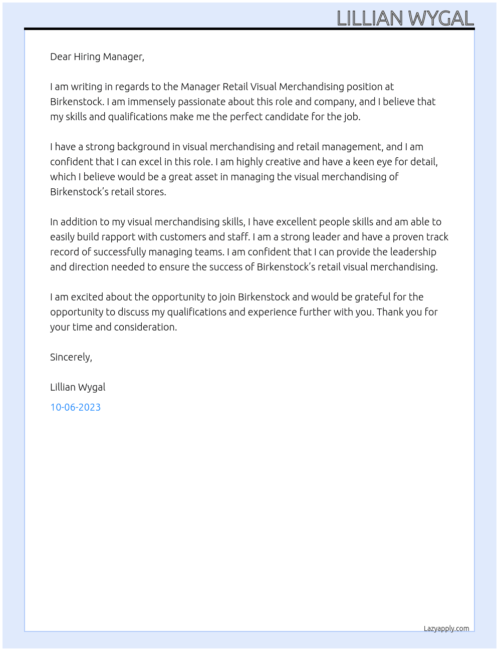 Manager Retail Visual Merchandising At Birkenstock Cover Letter