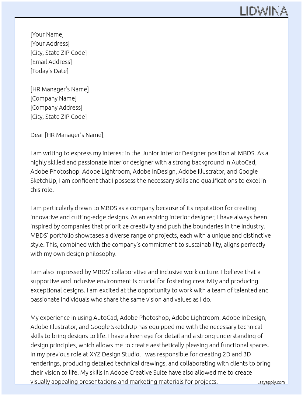 Junior Interior Designer At MBDS Cover Letter
