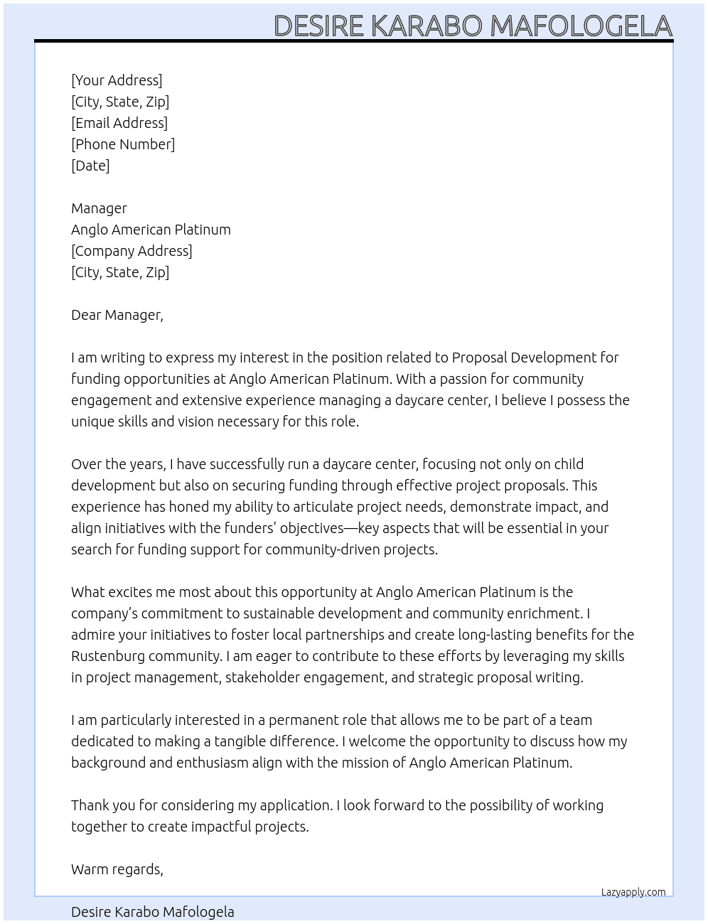 Proposal letter for funding At Anglo American Platinum Cover Letter