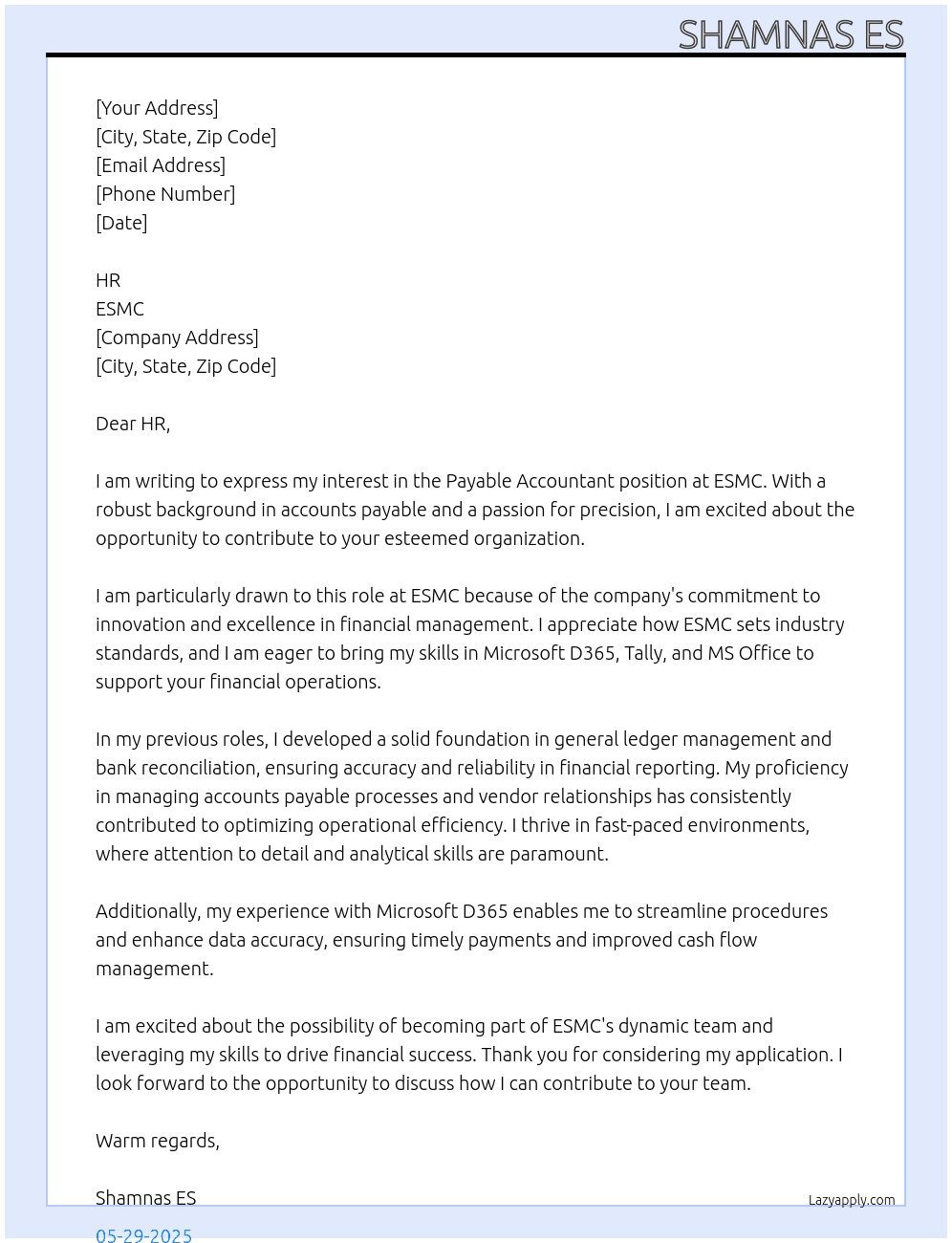 PAYABLE ACCOUNTANT At ESMC Cover Letter