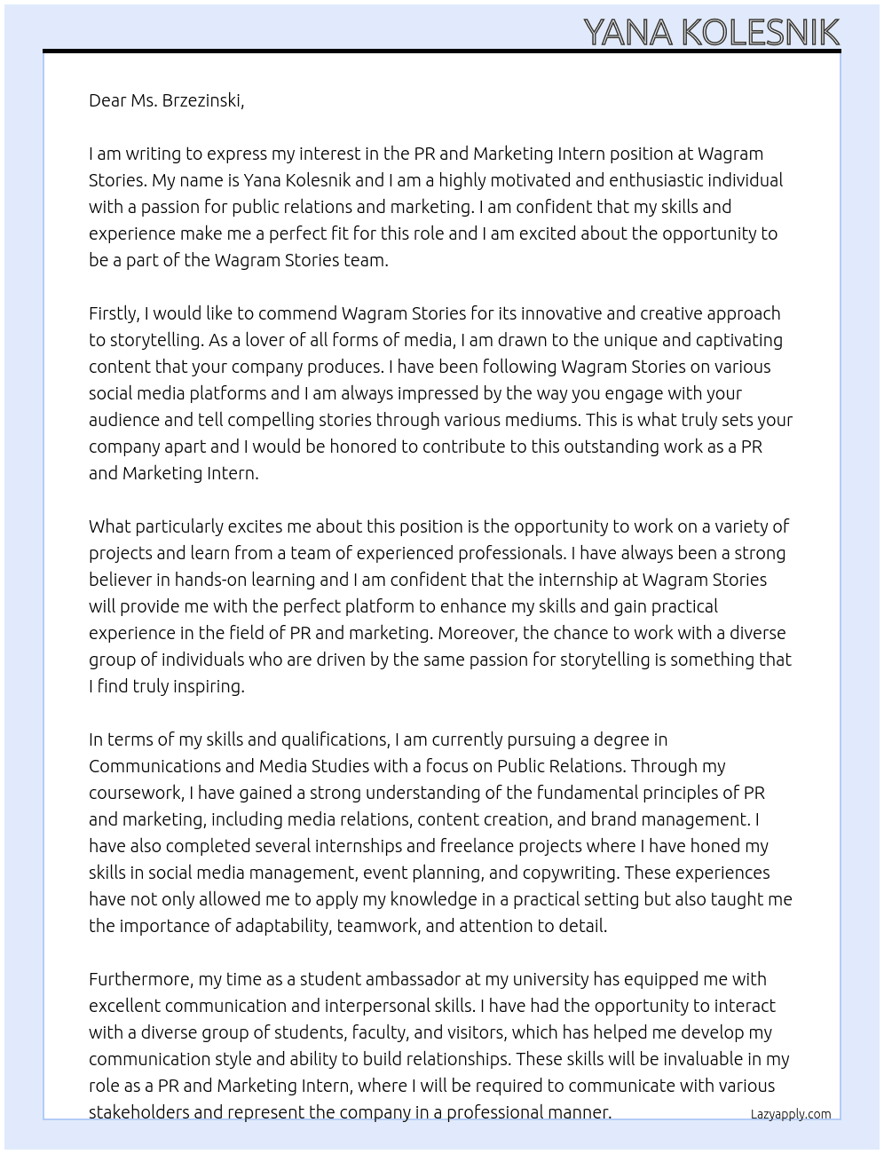  PR and Marketing Intern  At Wagram Stories Cover Letter