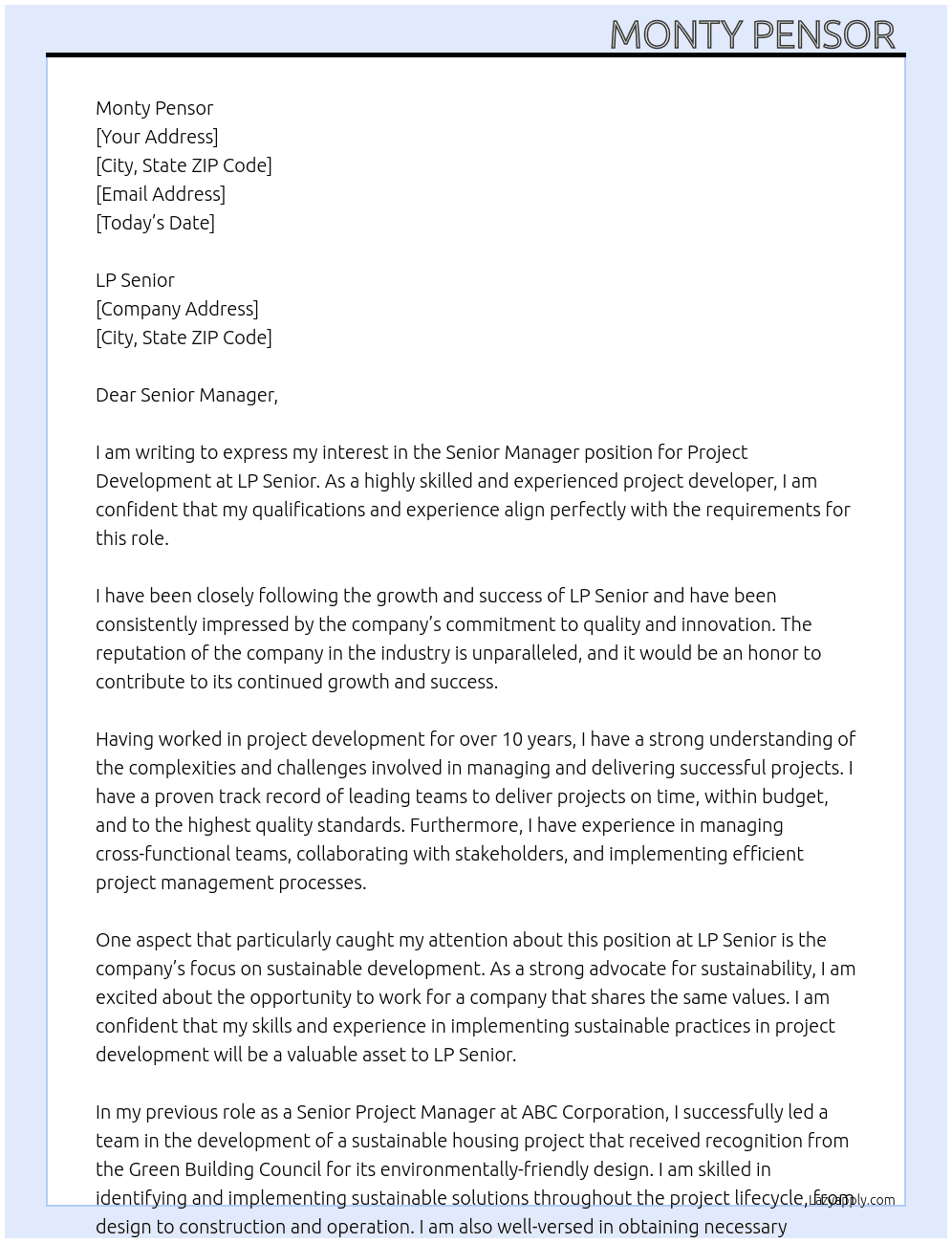 Project development At LP senior Cover Letter