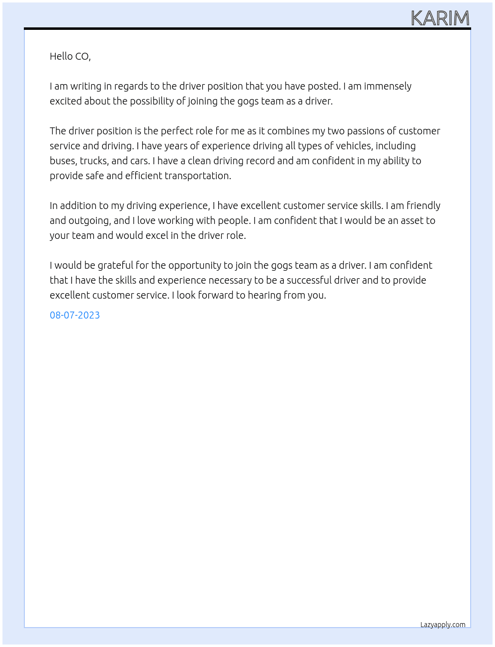 Driver At gogs Cover Letter