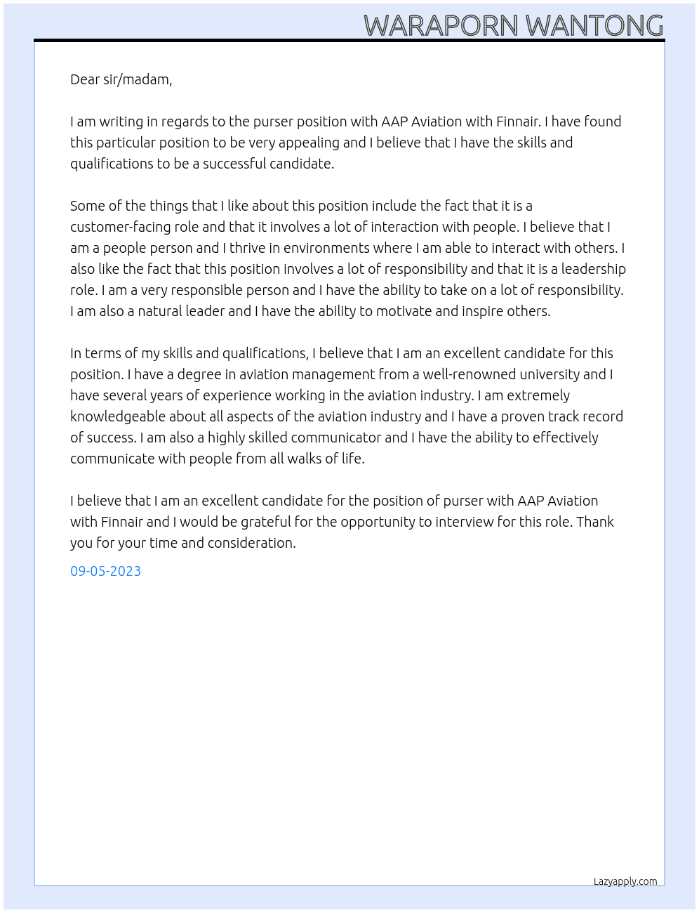 purser At AAP Aviation with Finnair Cover Letter