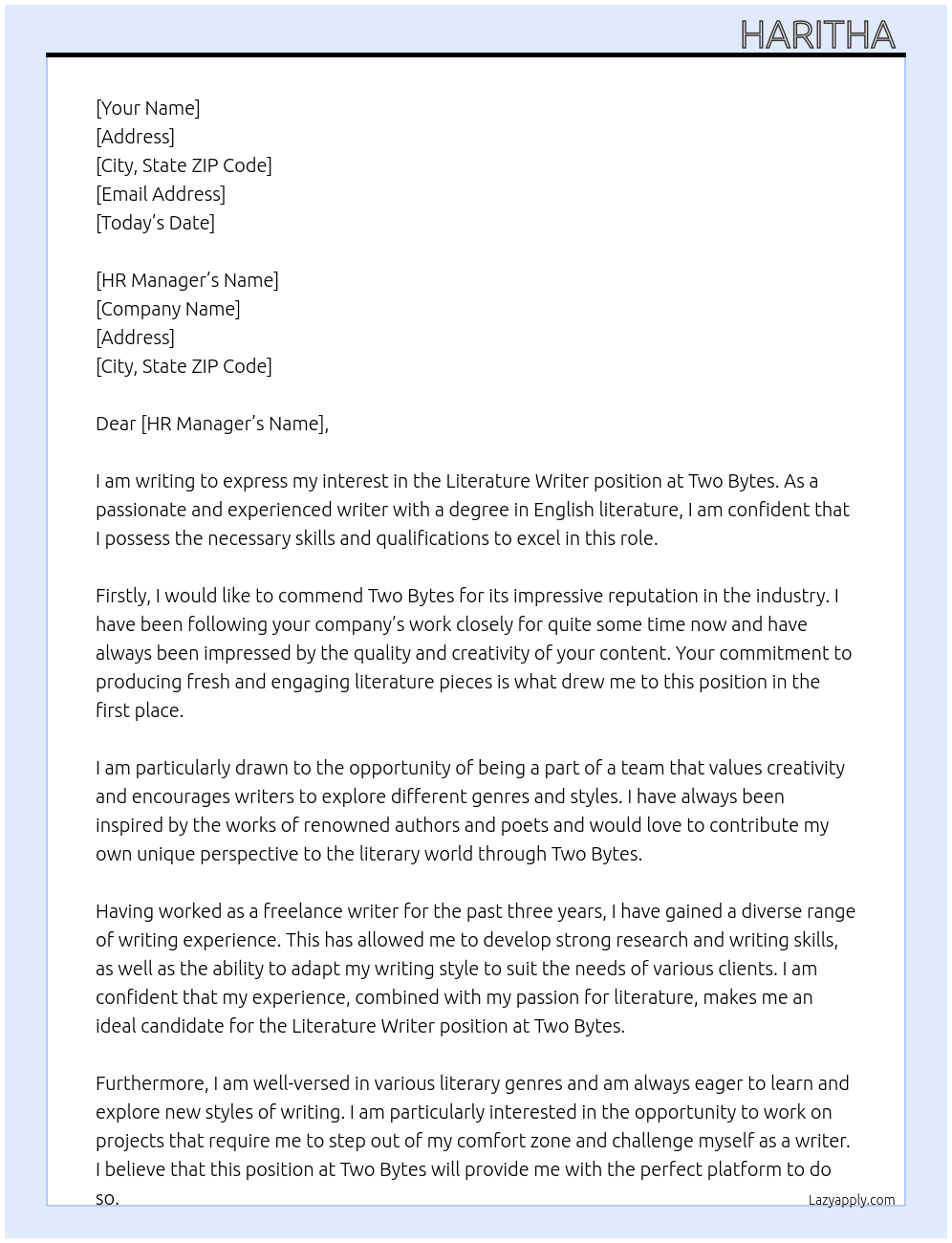 Literature Writer At Two Bytes Cover Letter