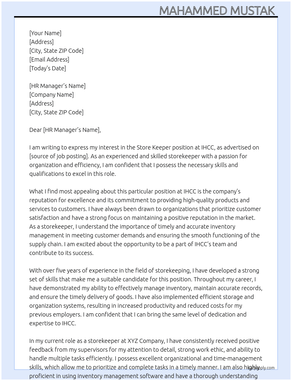 Store Keeper  At IHCC Cover Letter