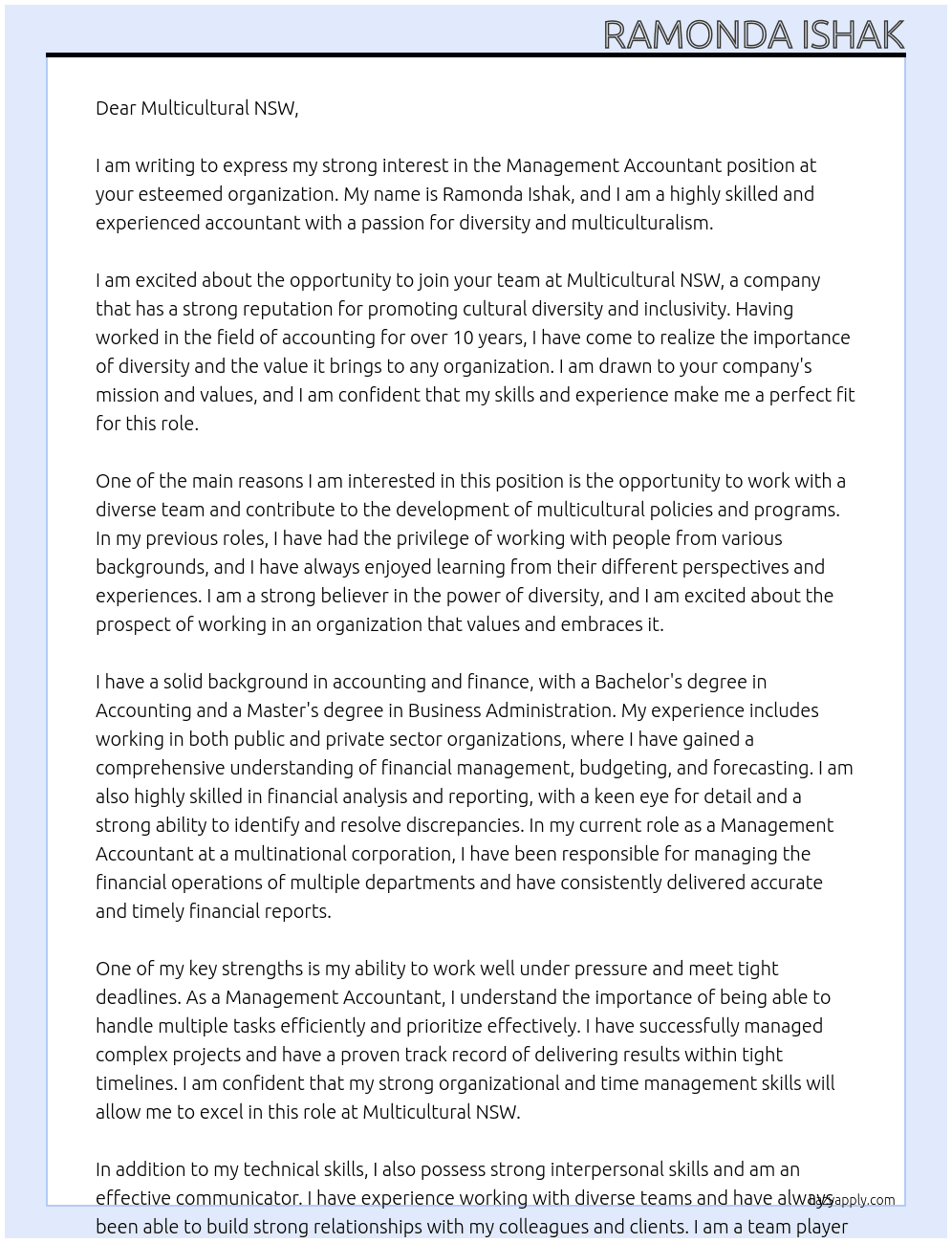 Management Accountant At Multicultural NSW  Cover Letter