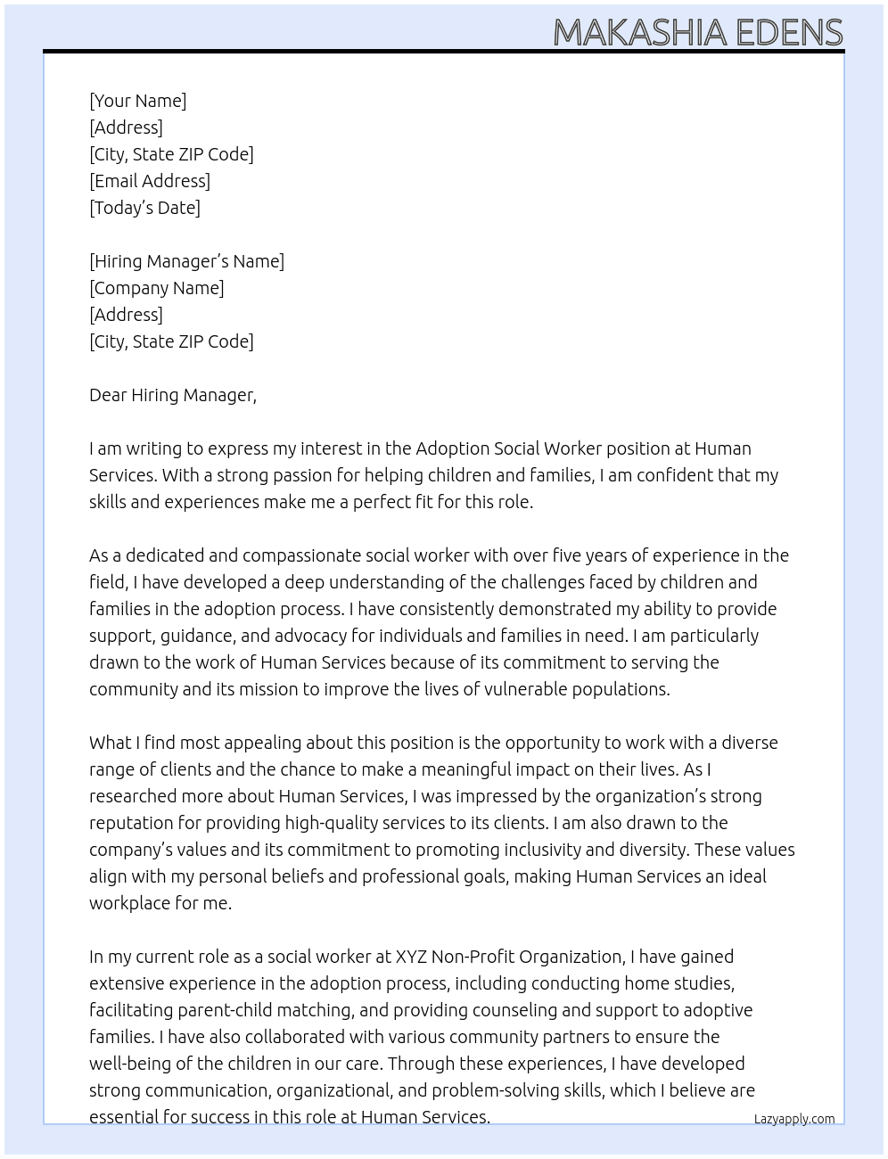 Adoption social worker At human services Cover Letter