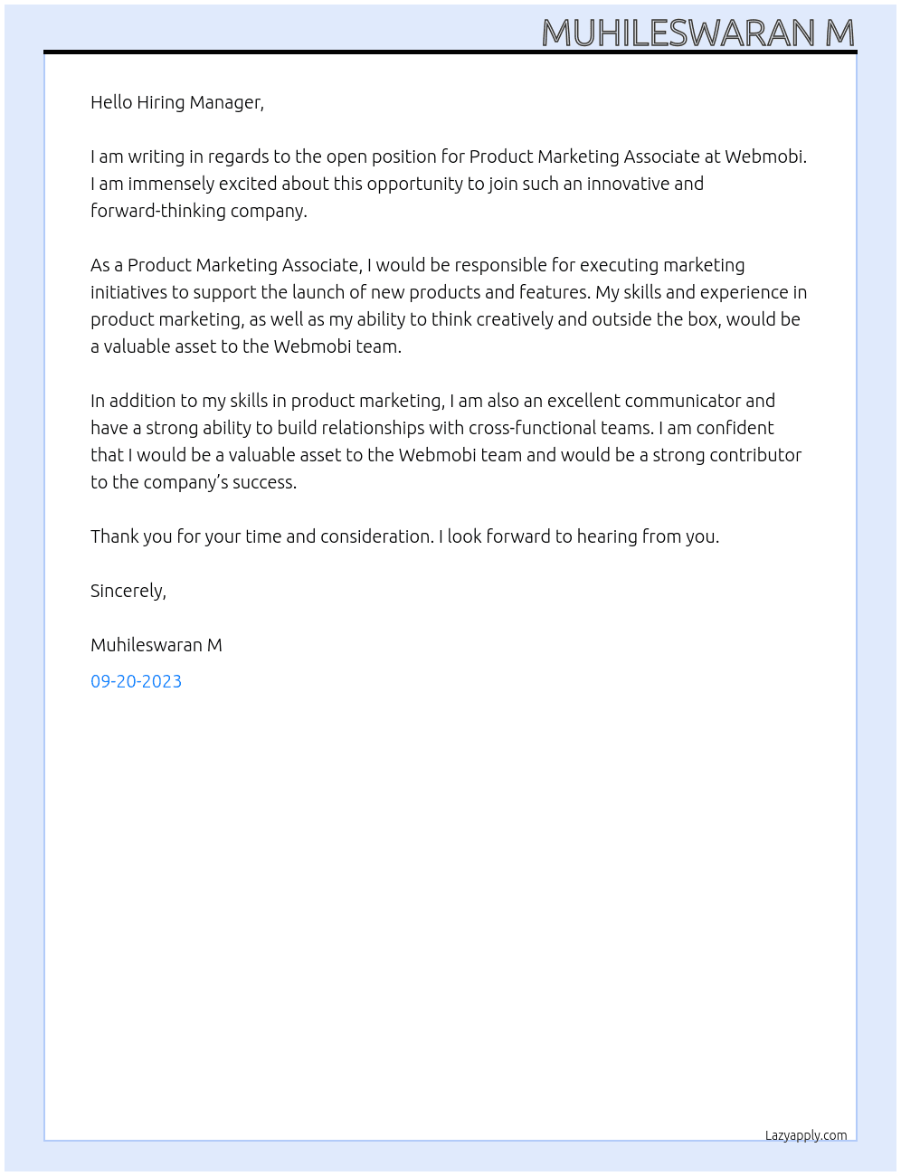 product marketing associate At Webmobi Cover Letter