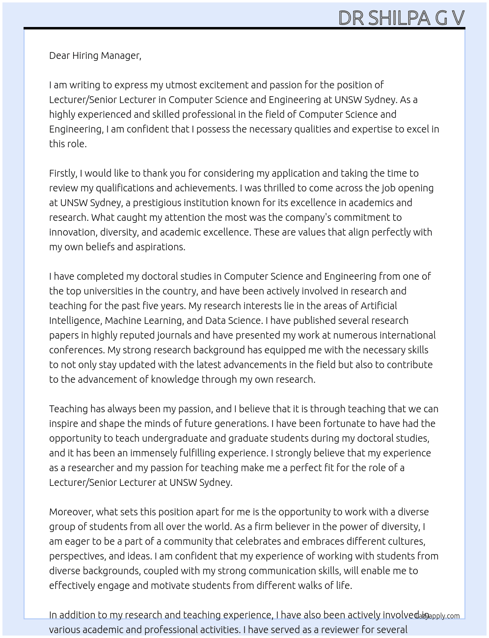Lecturer / Senior Lecturer in Computer Science and Engineering At UNSW Sydney Cover Letter