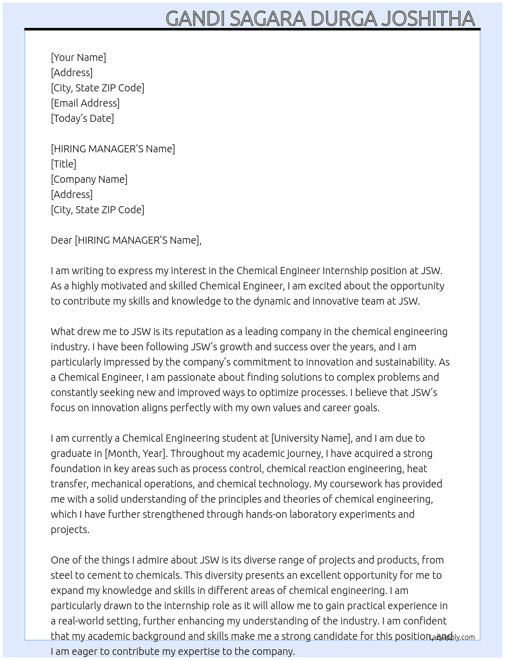 Chemical engineer At Jsw  Cover Letter