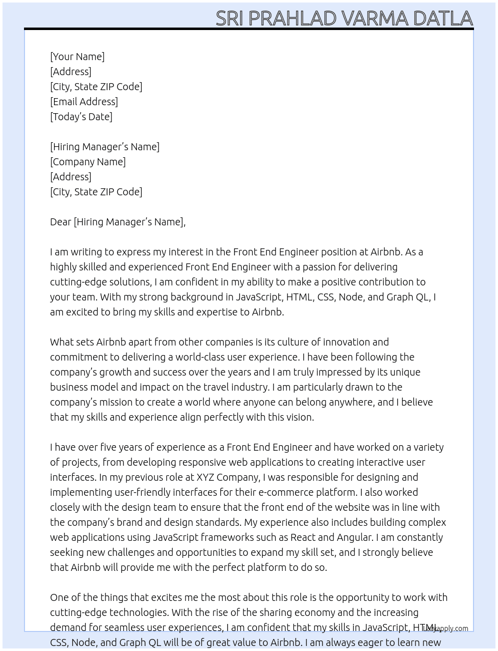 Front End engineer At Airbnb Cover Letter