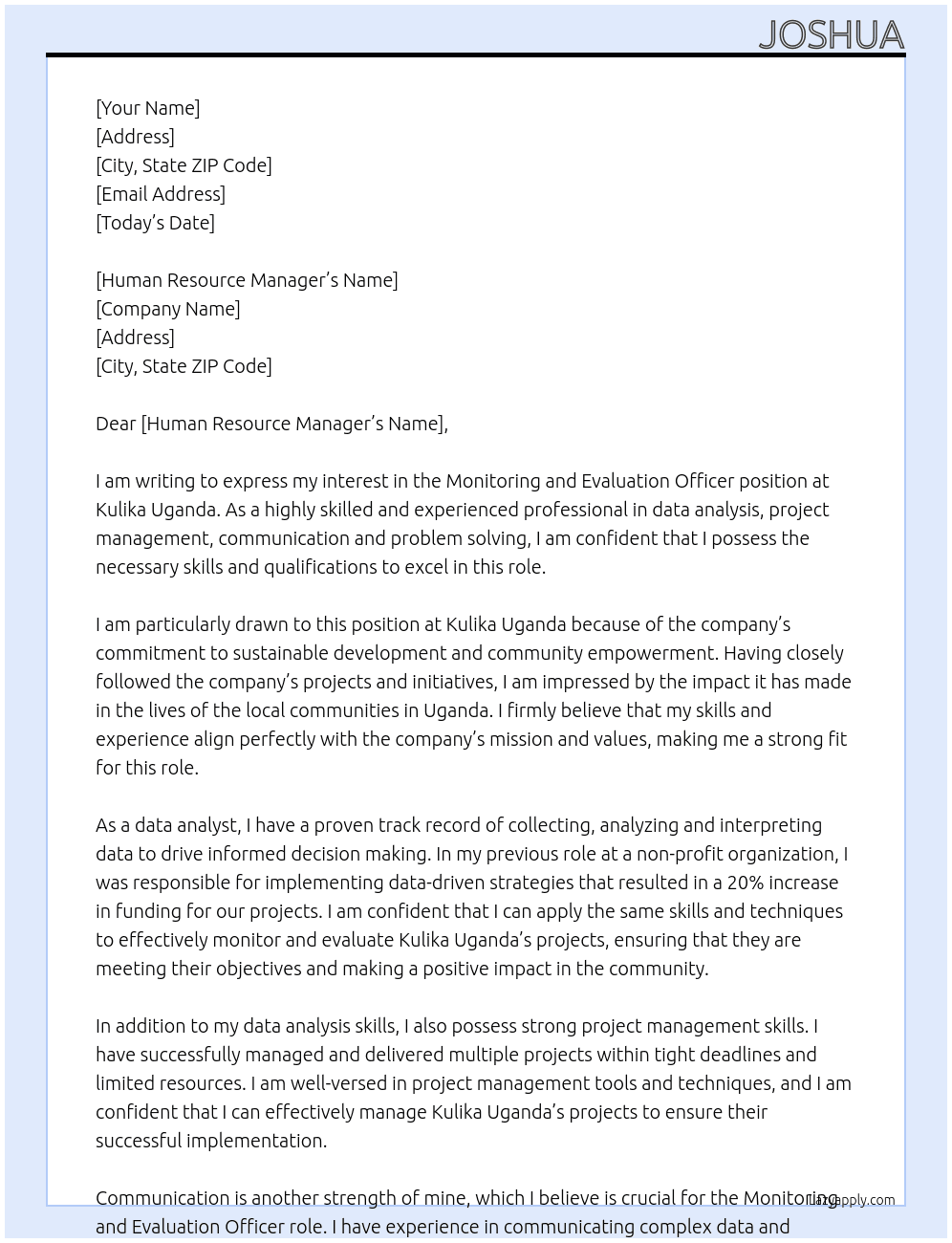 MONITORING AND EVALUATION OFFICER At KULIKA UGANDA Cover Letter