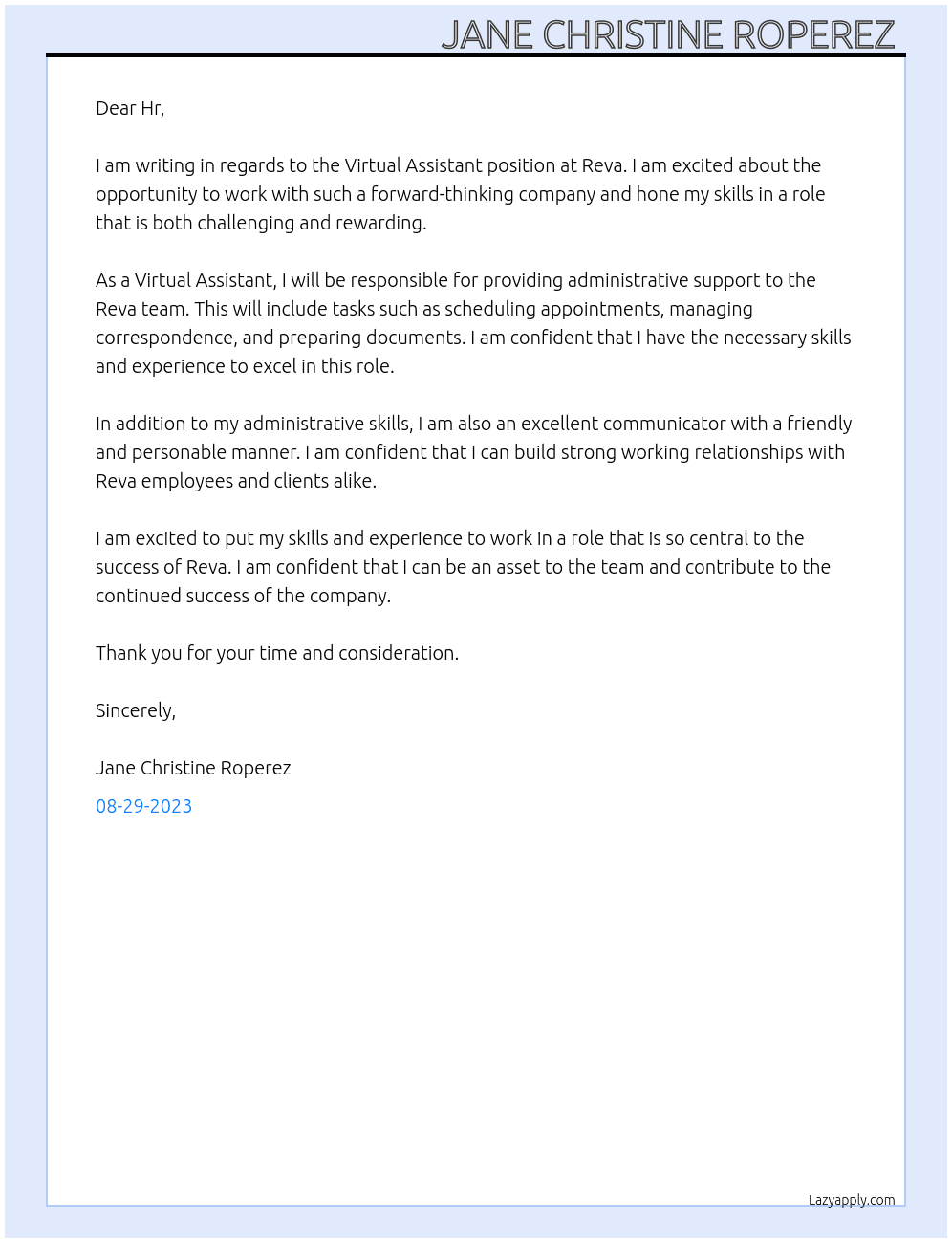 Virtual Assistant  At Reva Cover Letter