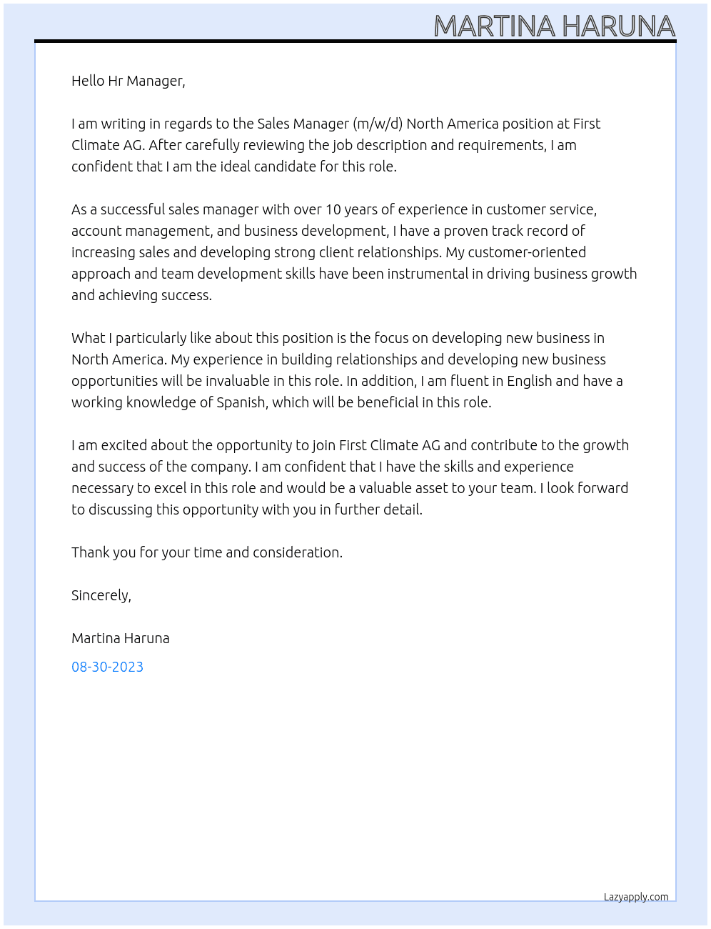 Sales Manager (m/w/d) North America At First Climate AG Cover Letter