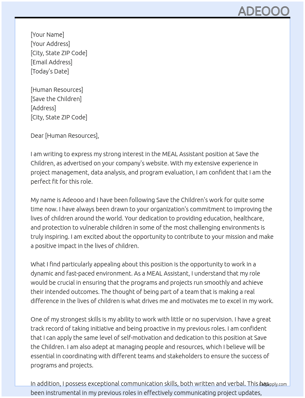 MEAL Assistant  At Save the Children Cover Letter