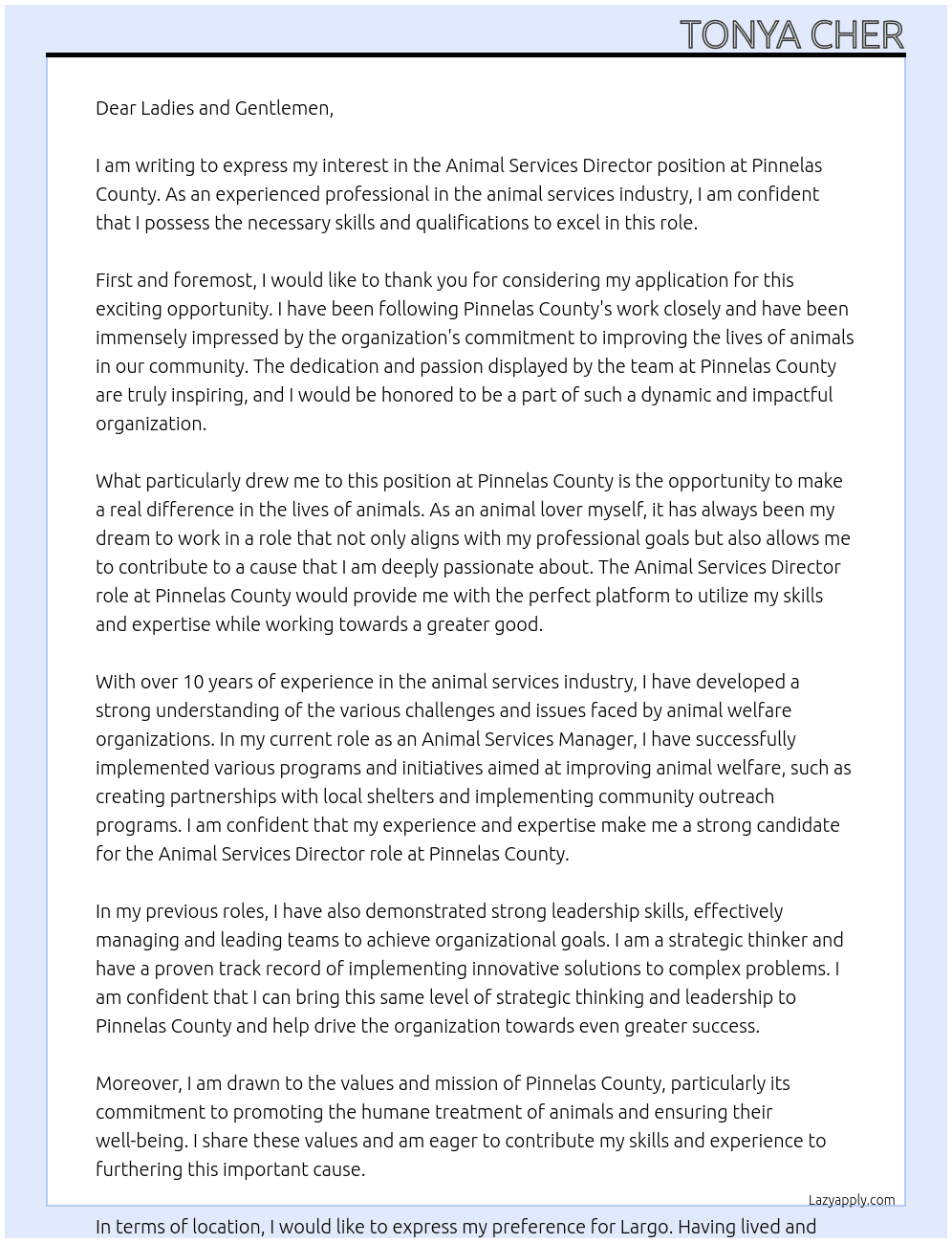 Animal Services Director At Pinnelas County Cover Letter