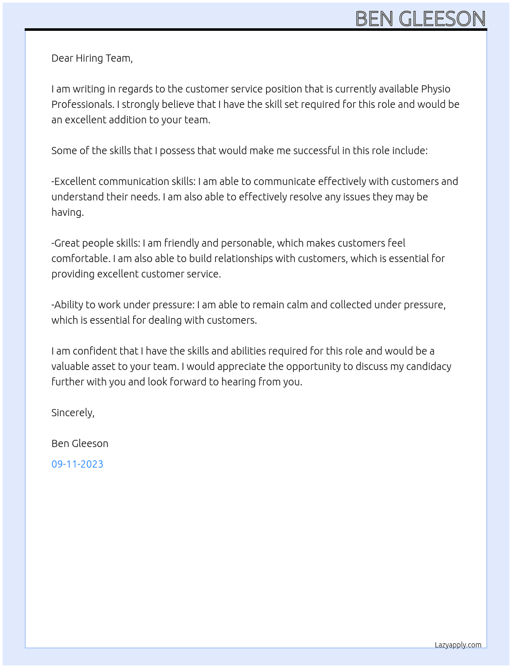 customer service  At Physio Professionals Cover Letter