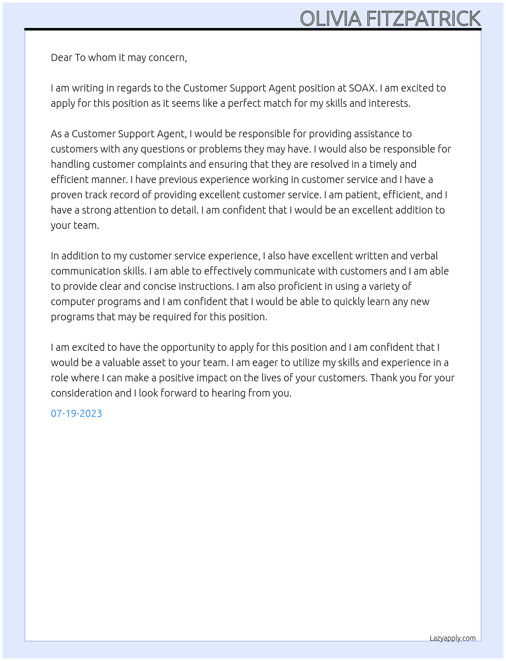 Customer Support Agent At SOAX Cover Letter