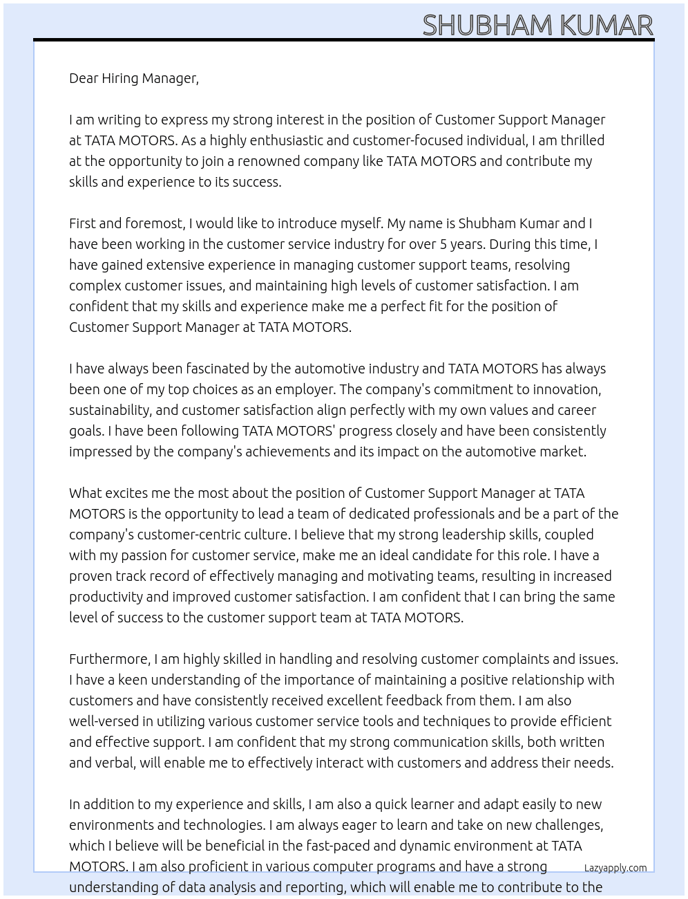 Customer Support manager At TATA MOTORS Cover Letter