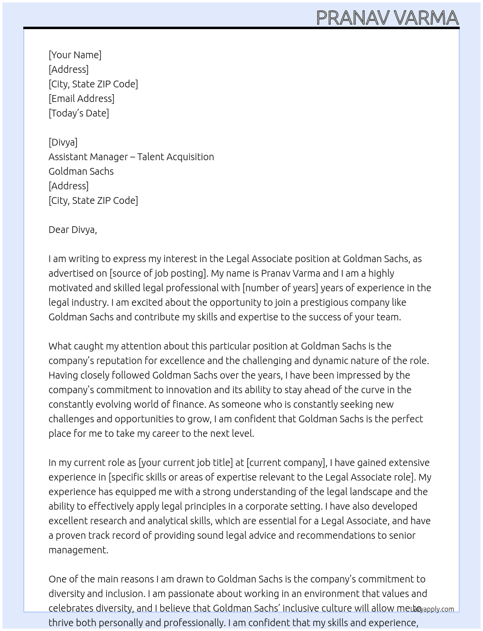 Legal Associate At Goldman Sachs Cover Letter