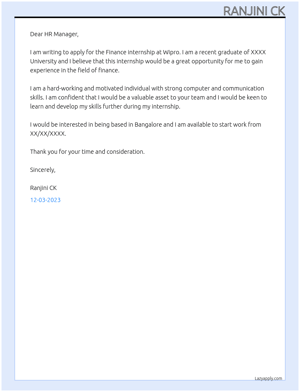 Finance internship  At Wipro  Cover Letter