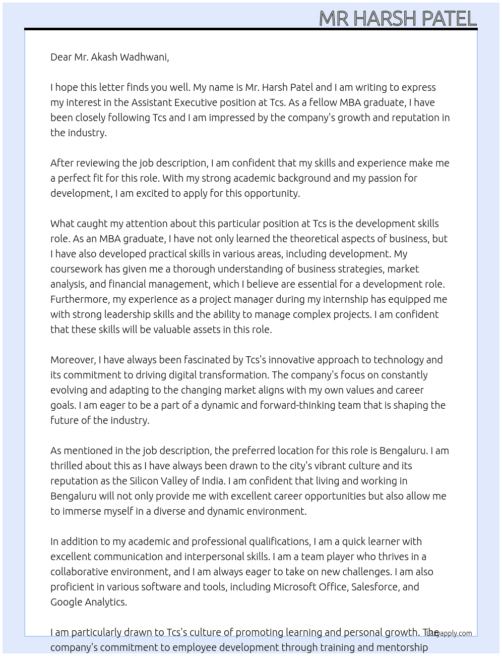 Assistant executive At Tcs Cover Letter