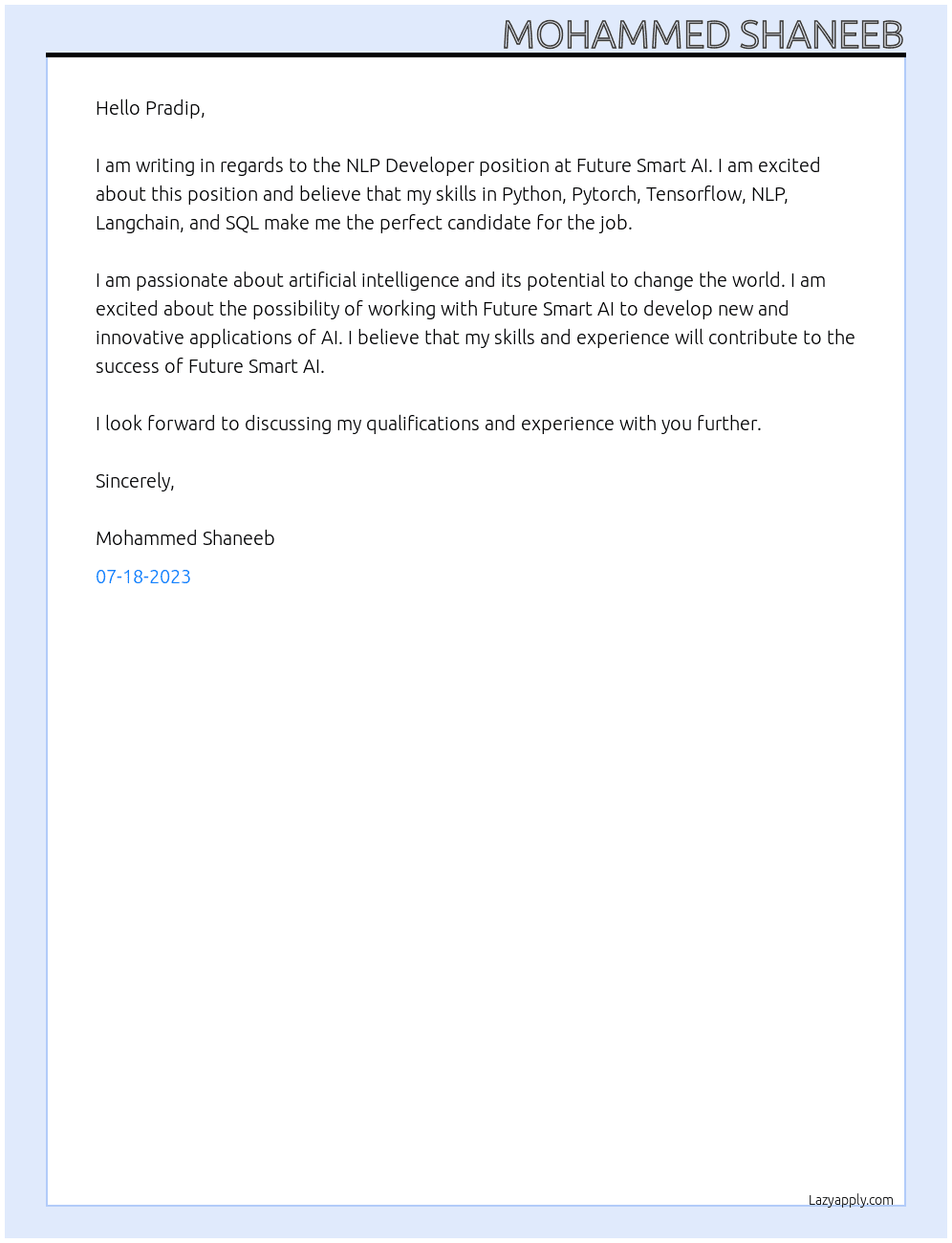 NLP Developer At Future Smart AI Cover Letter