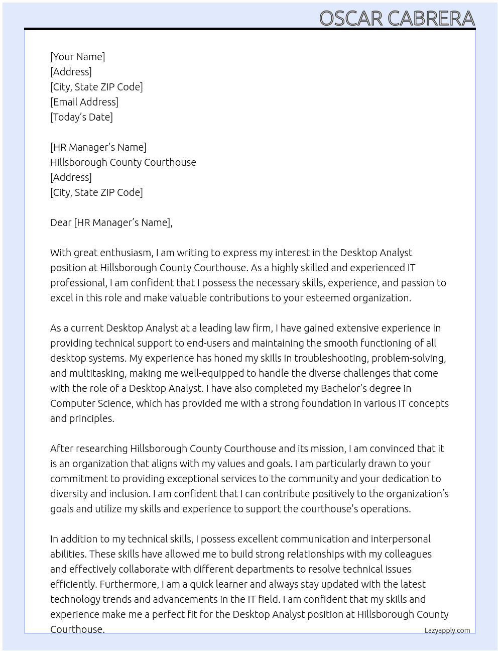 Desktop Analyst At Hillsborough County Courthouse Cover Letter