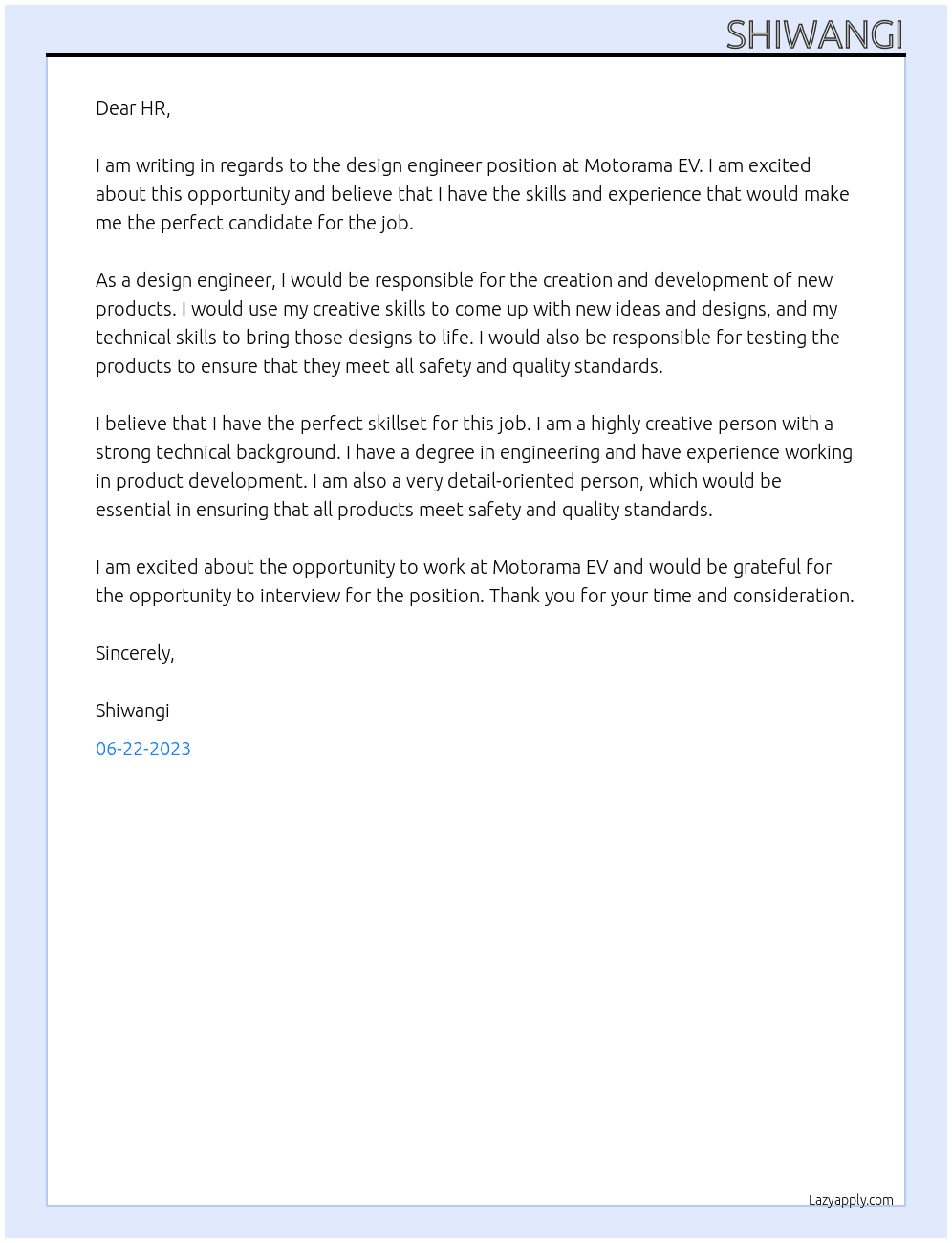 Design engineer At Motorama EV Cover Letter