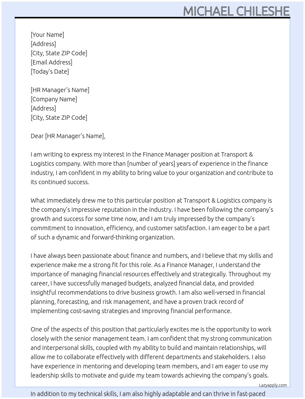 Finance Manager At Transport & Logistics company Cover Letter
