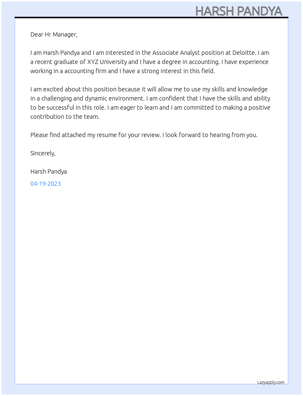 Associate Analyst At Deloitte   Cover Letter