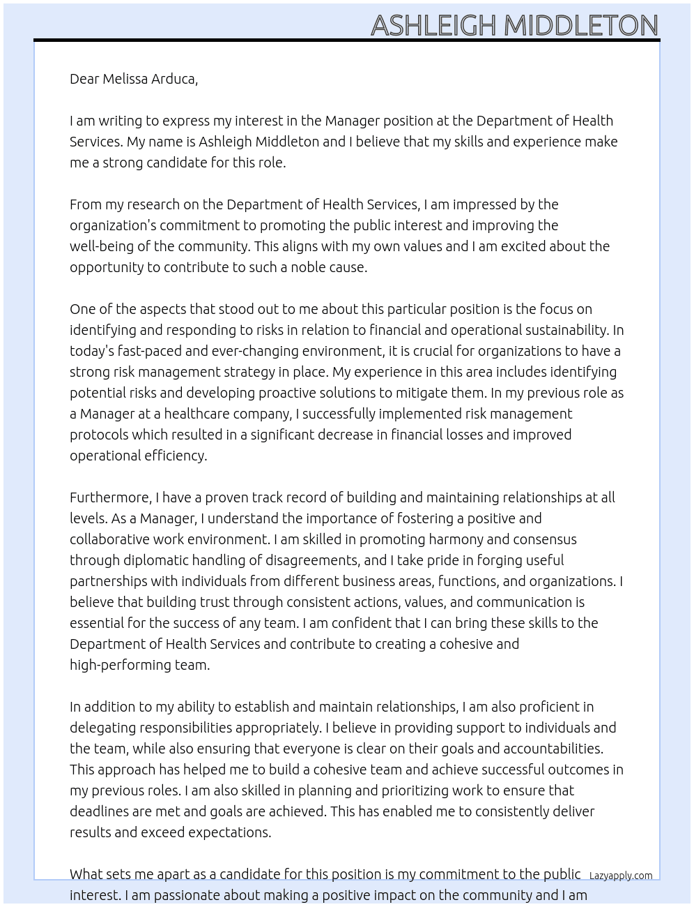 Manager At Department of Health Services Cover Letter